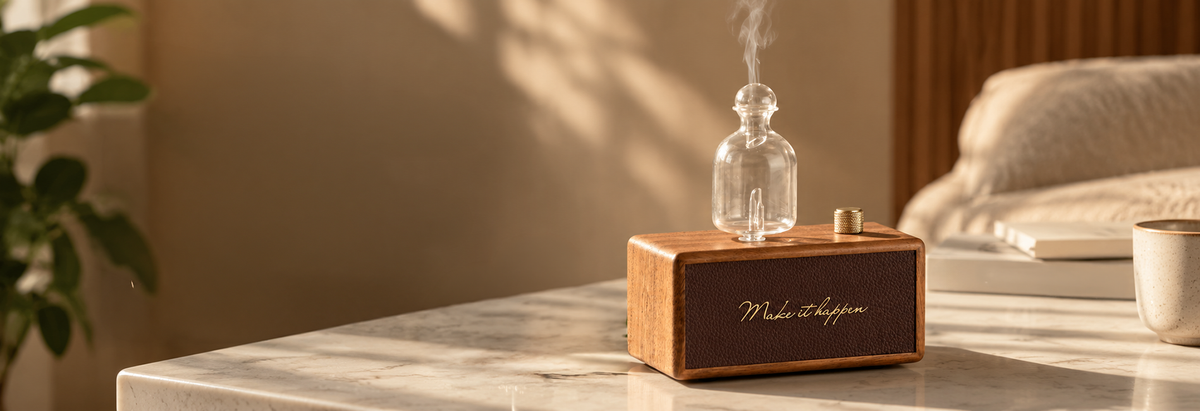 Fruik aroma diffuser misting in a warmly lit living room