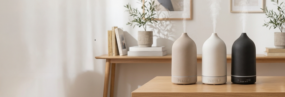 Fruik aroma diffuser misting in a warmly lit living room